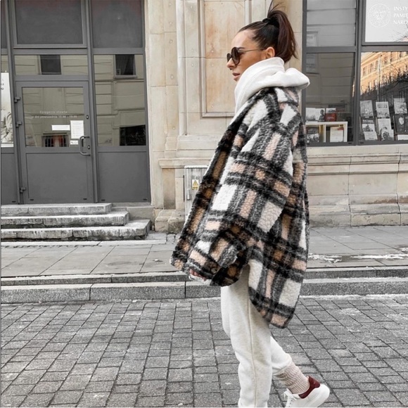 H&M Jackets & Coats Oversized Plaids Faux Shearling Wool Blend Coat